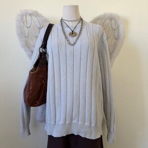 90s Chunky Ribbed Knit Sweater Light Beige Grey Crew Neck Long Sleeve Academia